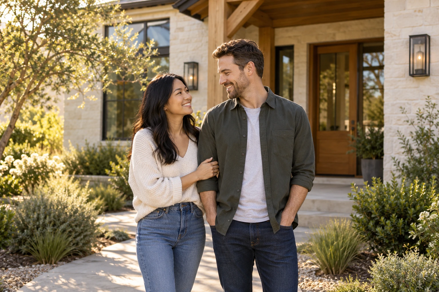 Couple sharing a moment outside a home